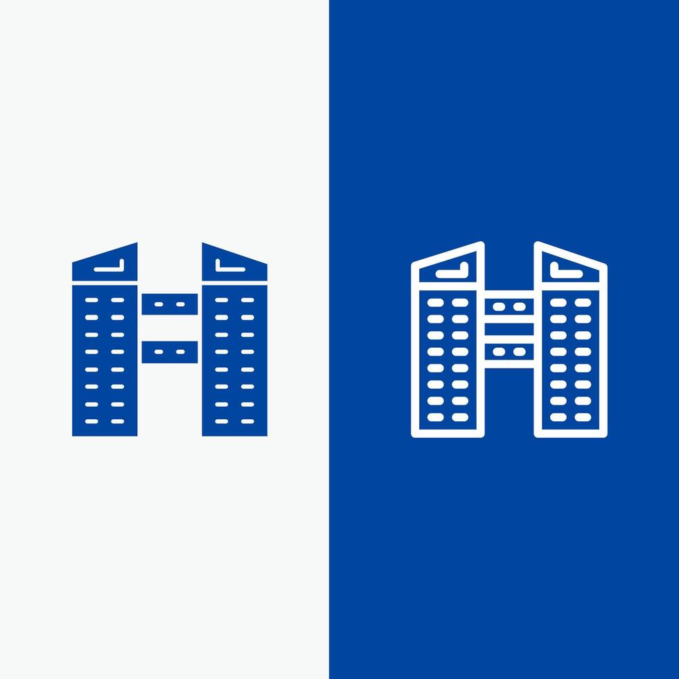 edifici città costruzione linea e glifo solido icona blu bandiera linea e glifo solido icona blu bandiera vettore