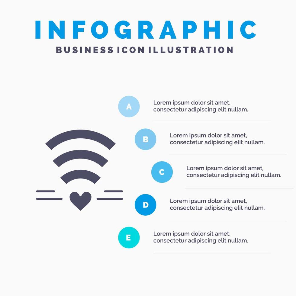 Wi-Fi amore nozze cuore solido icona infografica 5 passaggi presentazione sfondo vettore