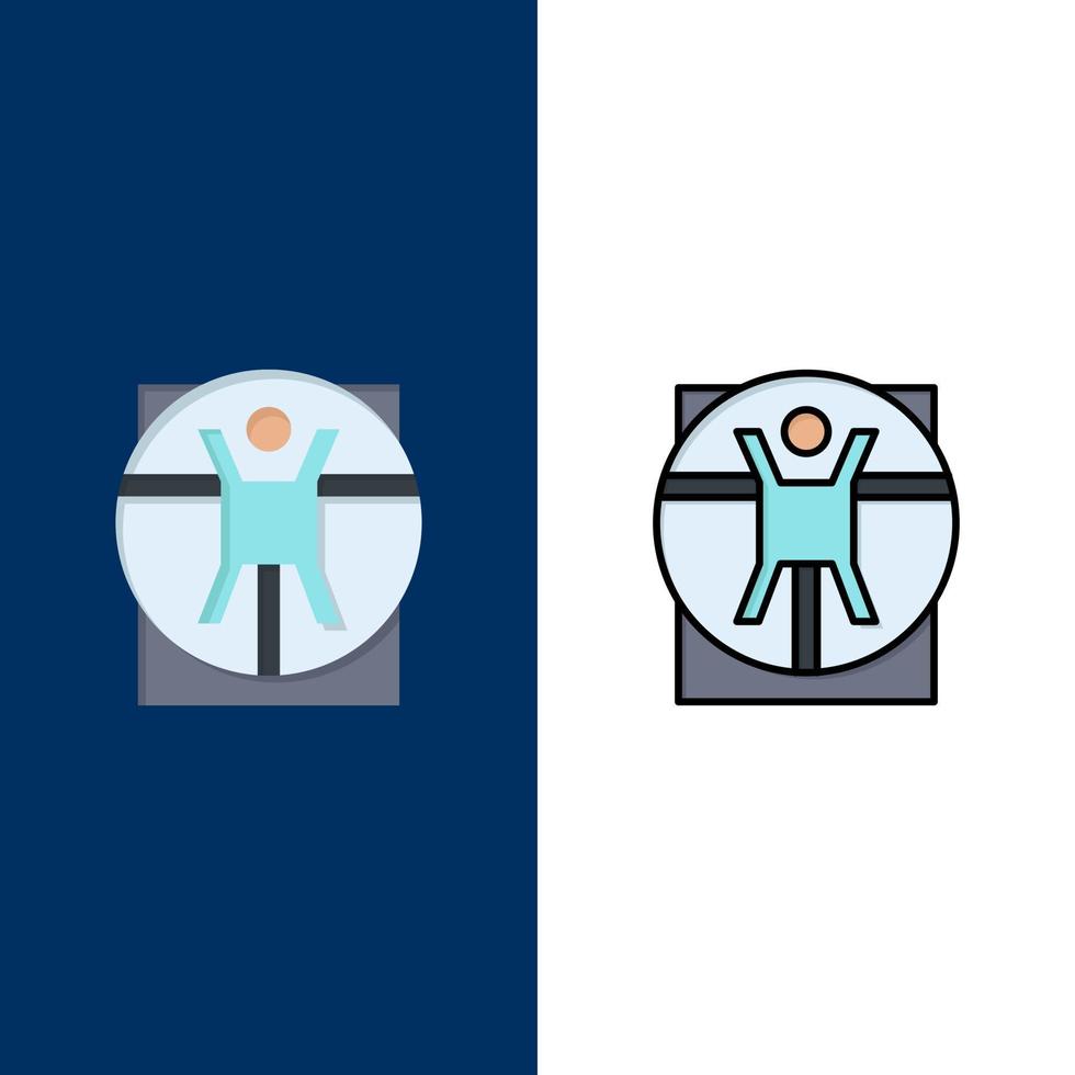 vitruviano uomo medico scena icone piatto e linea pieno icona impostato vettore blu sfondo