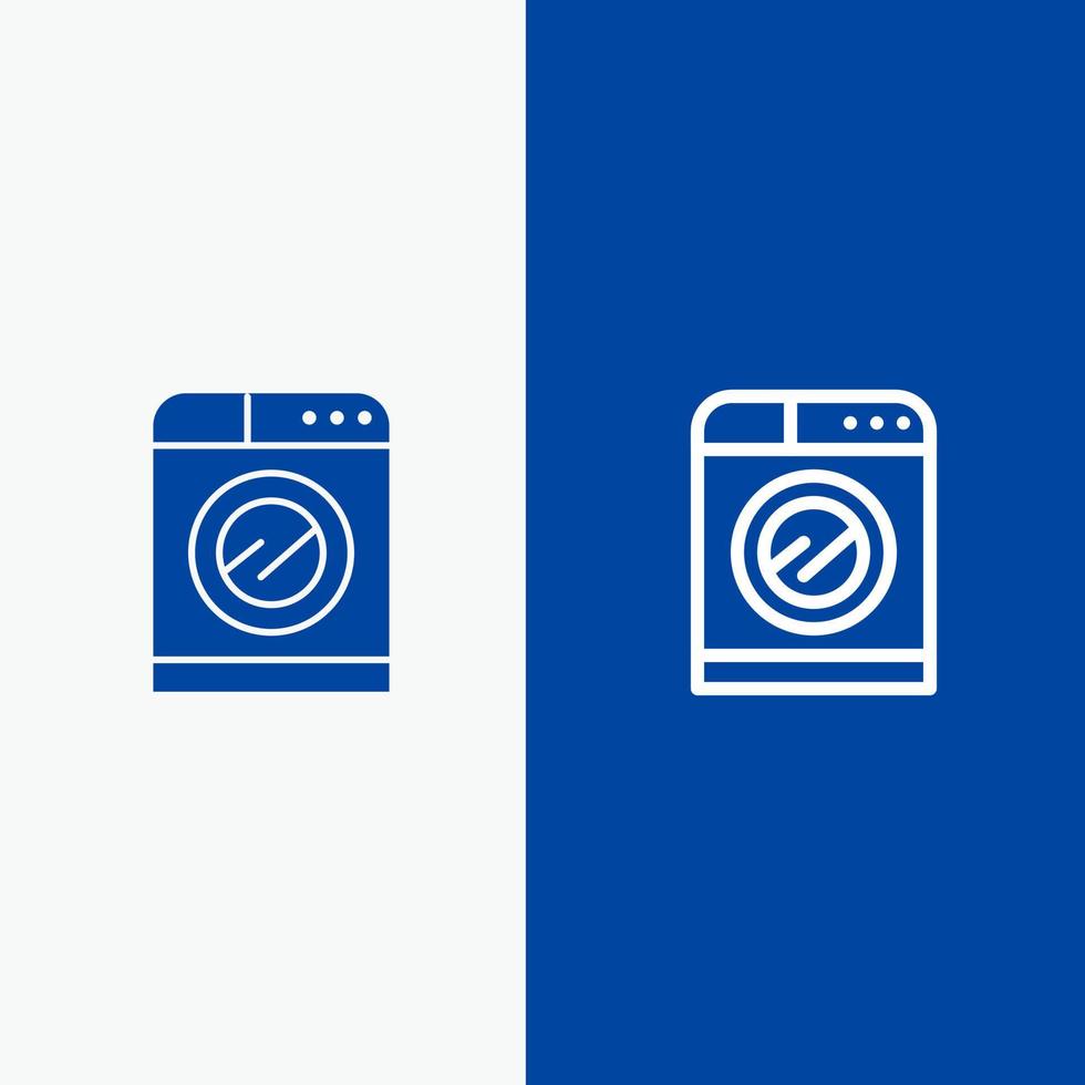 macchina tecnologia lavaggio lavaggio linea e glifo solido icona blu bandiera linea e glifo solido icona blu bandiera vettore