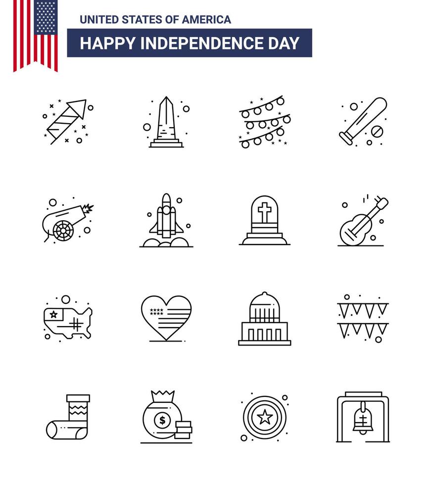 Stati Uniti d'America contento indipendenza pictogram impostato di 16 semplice Linee di esercito gli sport Washington pipistrello palla modificabile Stati Uniti d'America giorno vettore design elementi