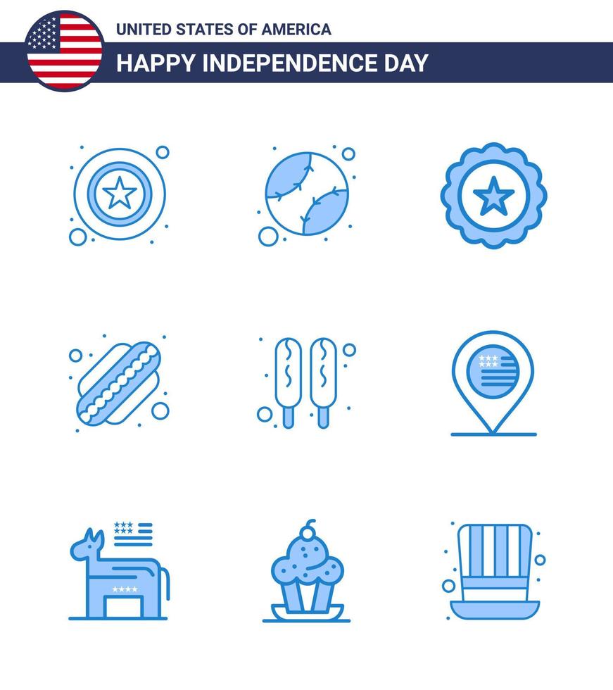 Stati Uniti d'America indipendenza giorno blu impostato di 9 Stati Uniti d'America pittogrammi di cibo Mais cane bicchiere stati americano modificabile Stati Uniti d'America giorno vettore design elementi