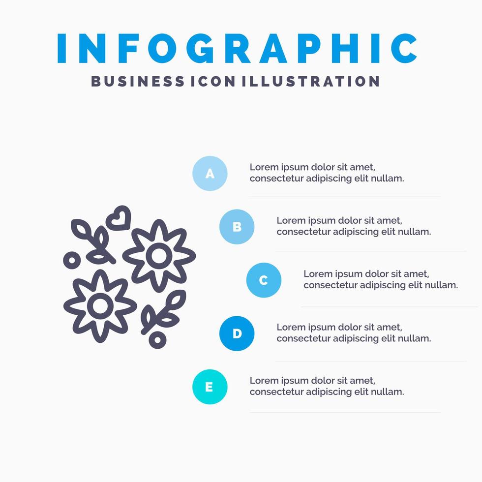 fiore regalo amore nozze linea icona con 5 passaggi presentazione infografica sfondo vettore