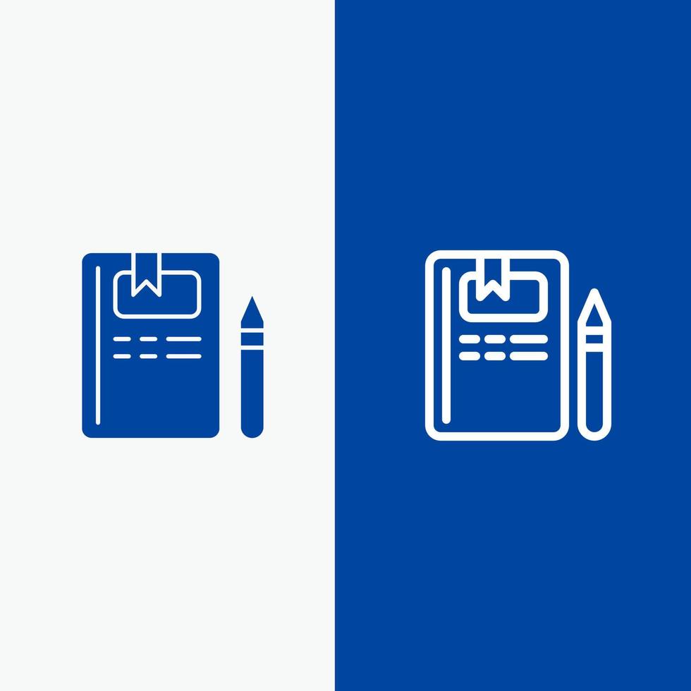 libro formazione scolastica conoscenza matita linea e glifo solido icona blu bandiera linea e glifo solido icona blu bandiera vettore