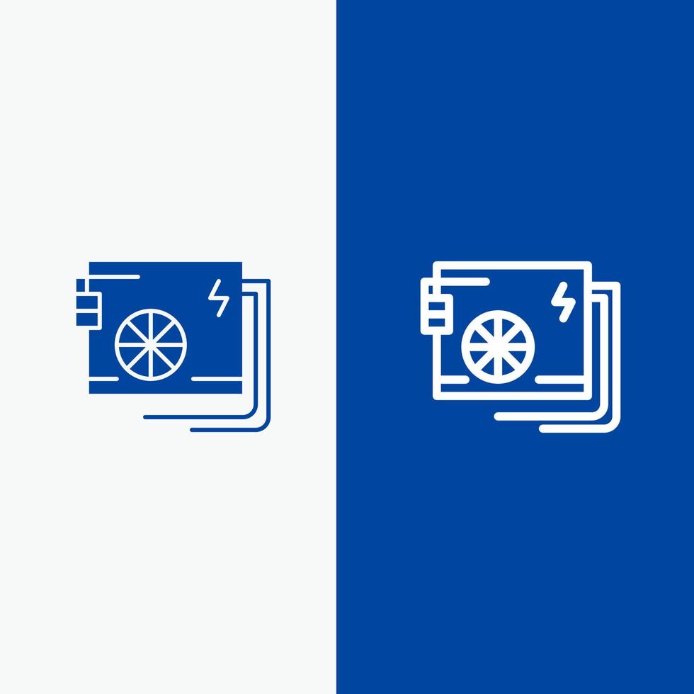 AC computer parte energia fornitura linea e glifo solido icona blu bandiera linea e glifo solido icona blu bandiera vettore