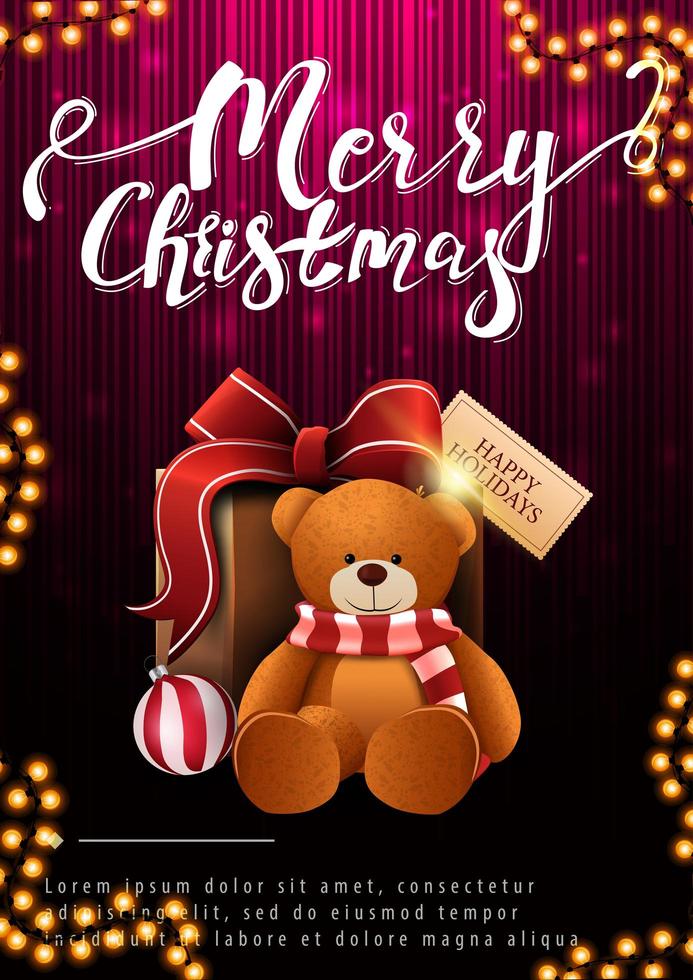 buon Natale, cartolina verticale con presente con orsacchiotto su sfondo scuro e rosa vettore