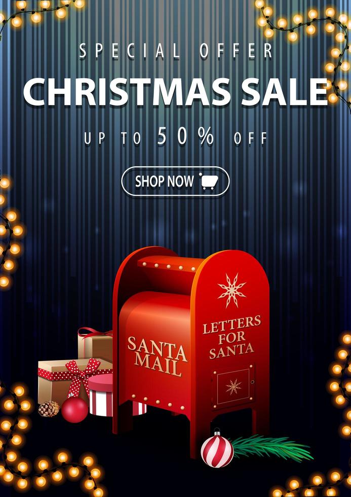 offerta speciale, saldi natalizi, fino a 50 sconti, banner verticale blu scuro e sconto con cassetta delle lettere di Babbo Natale con regali vettore