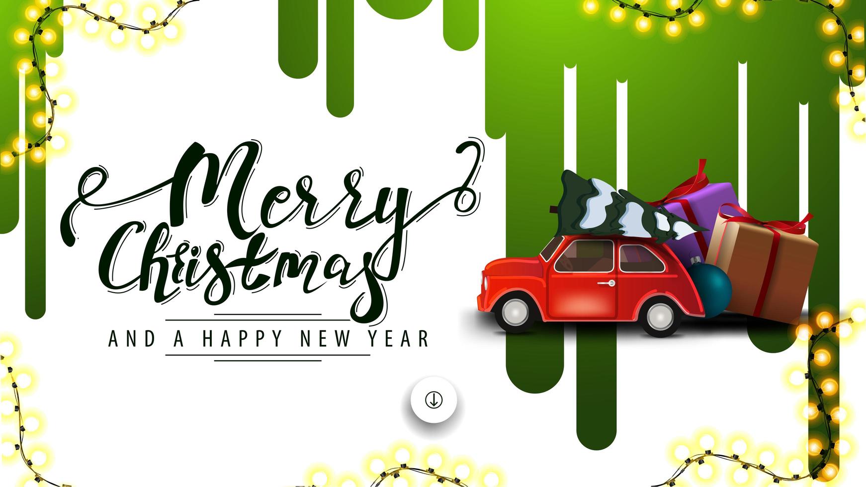 buon natale e felice anno nuovo, banner sconto bianco con strisce verdi di vernice sul muro bianco e auto d'epoca rossa che trasportano albero di natale vettore