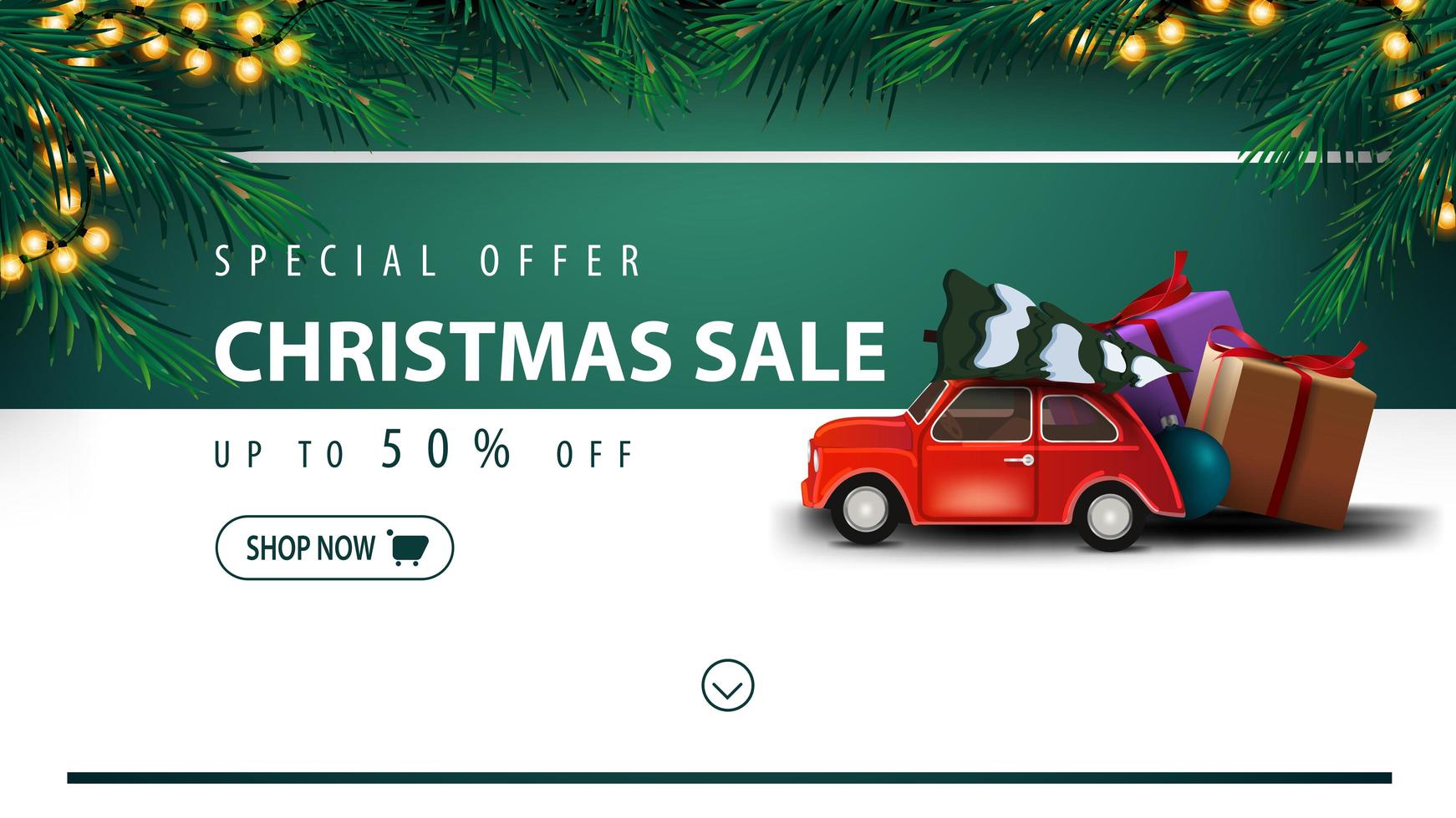 offerta speciale, saldi natalizi, sconti fino a 50, banner sconto bianco e verde con pulsante, cornice di albero di natale, ghirlanda, striscia orizzontale e auto d'epoca rossa con albero di natale vettore