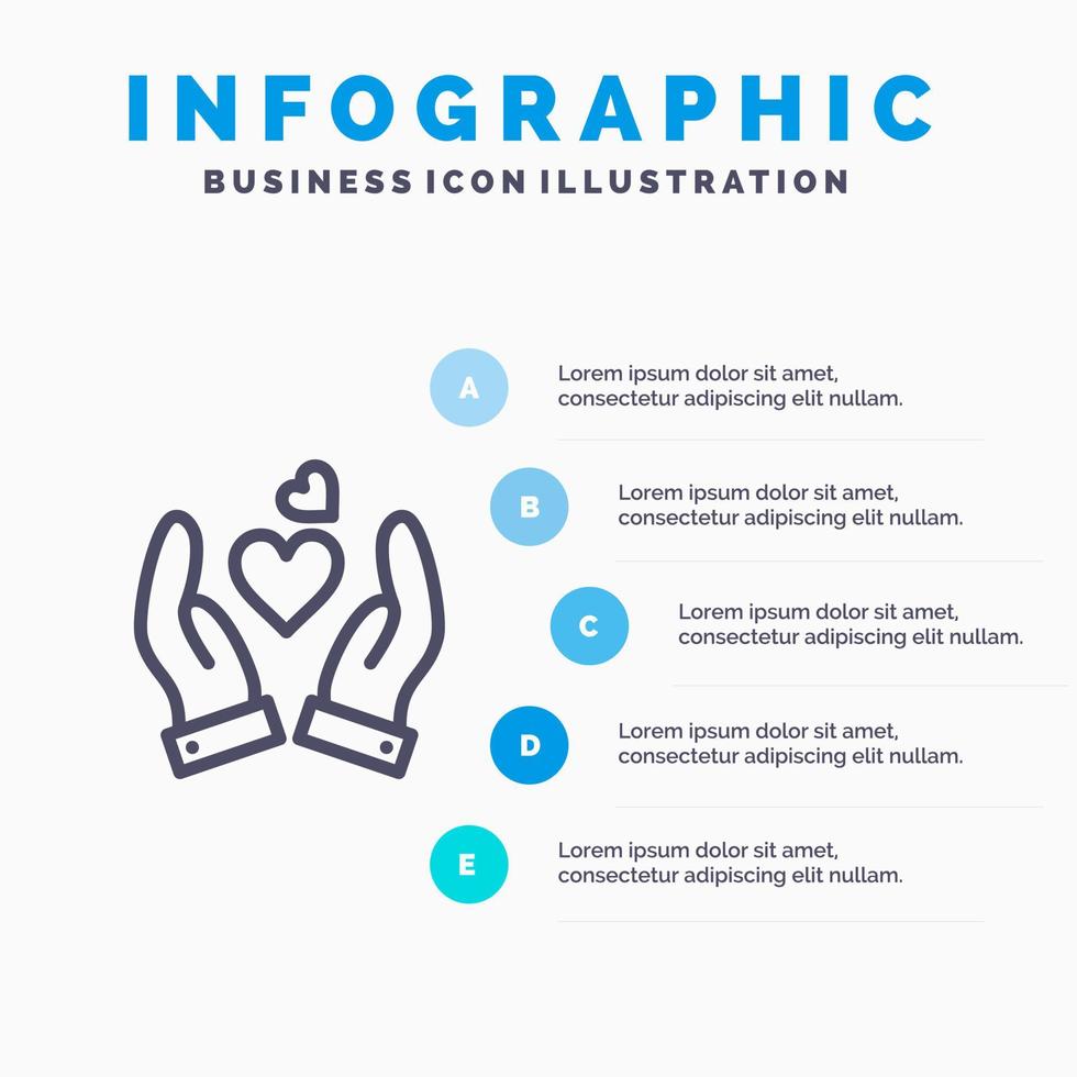 mano amore cuore nozze linea icona con 5 passaggi presentazione infografica sfondo vettore