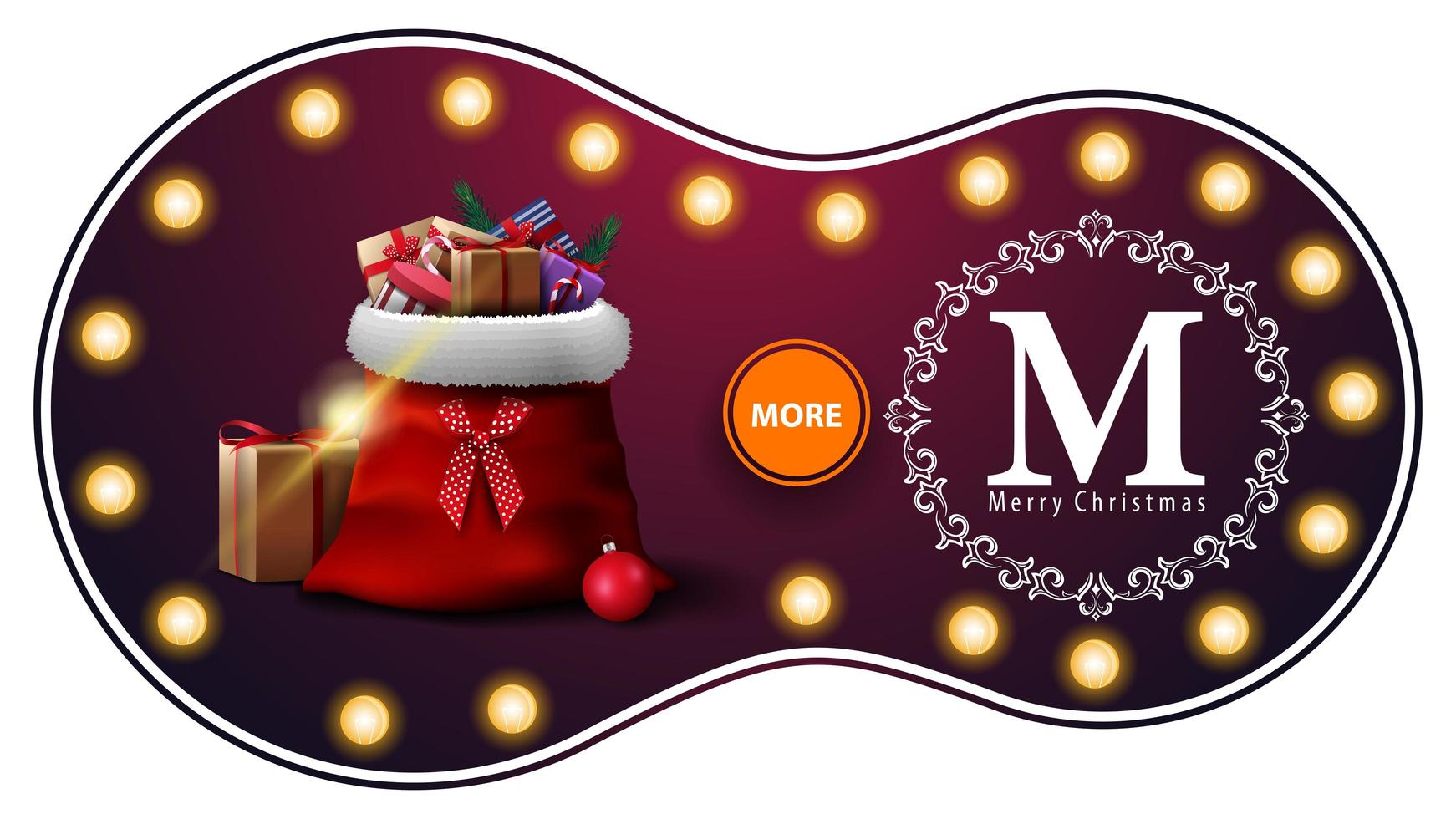 buon natale, banner sconto viola con lampadine, logo di saluto traforato e borsa di babbo natale con regali vettore