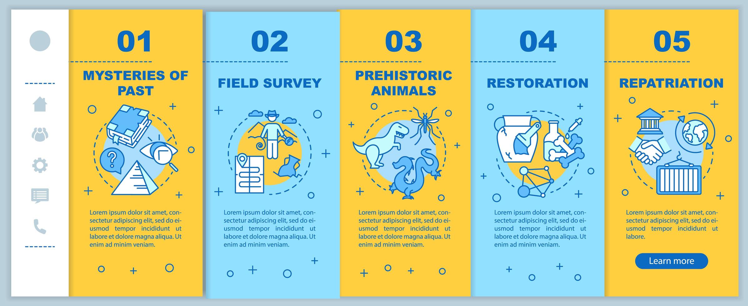 modello di vettore di pagine web mobili di onboarding archeologico. ricerca di storia.