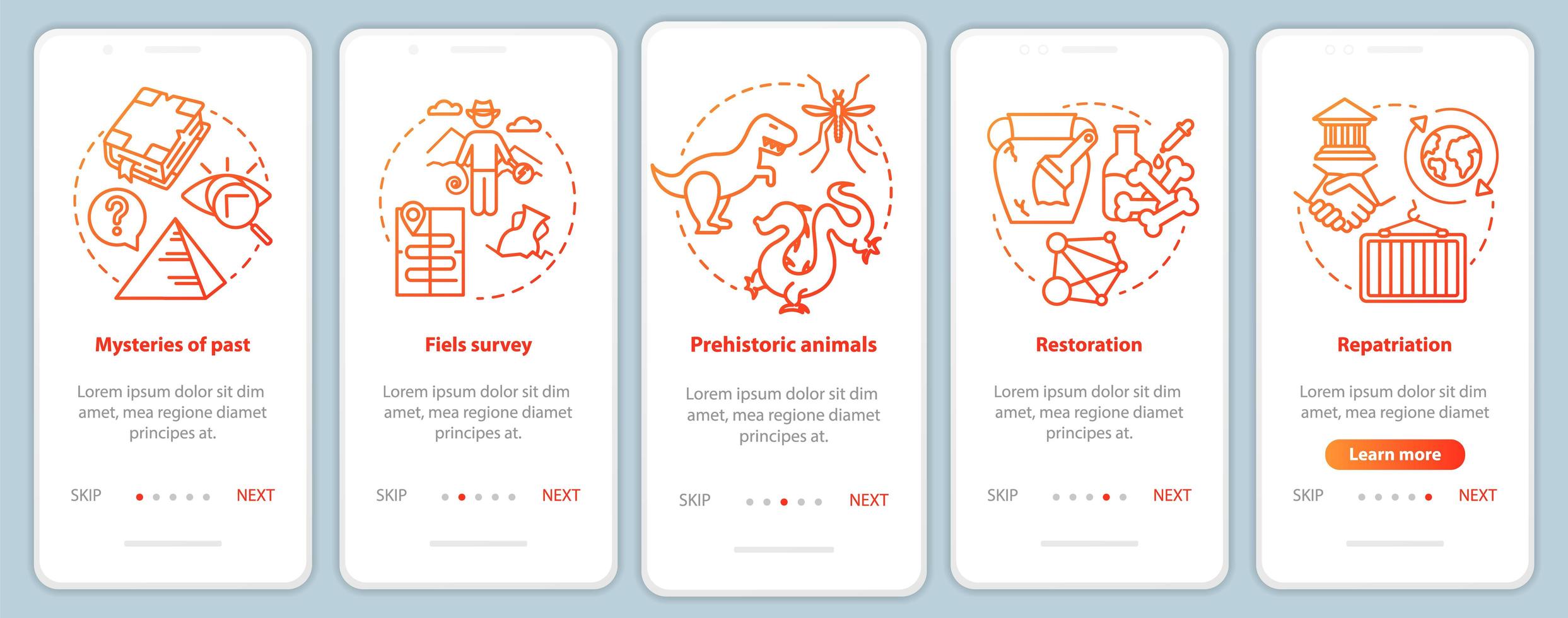 modello di vettore della schermata della pagina dell'app mobile di onboarding archeologico.