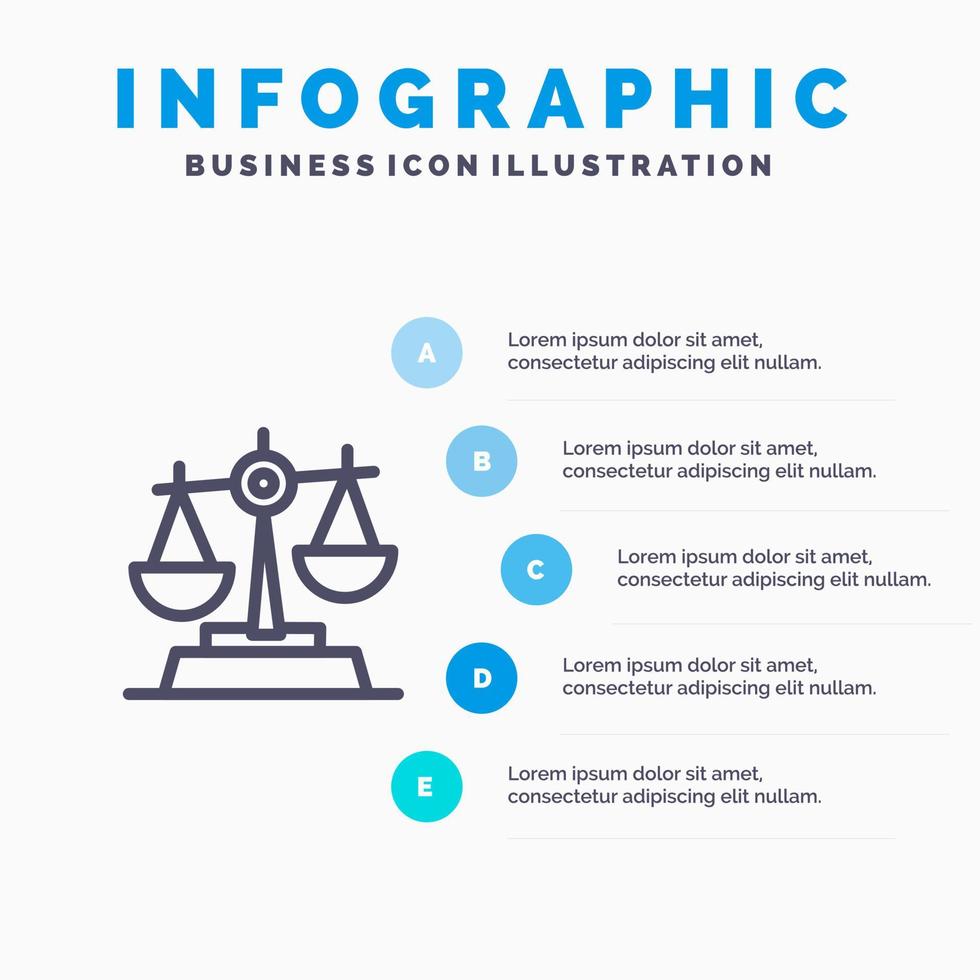 GDPR giustizia legge equilibrio linea icona con 5 passaggi presentazione infografica sfondo vettore