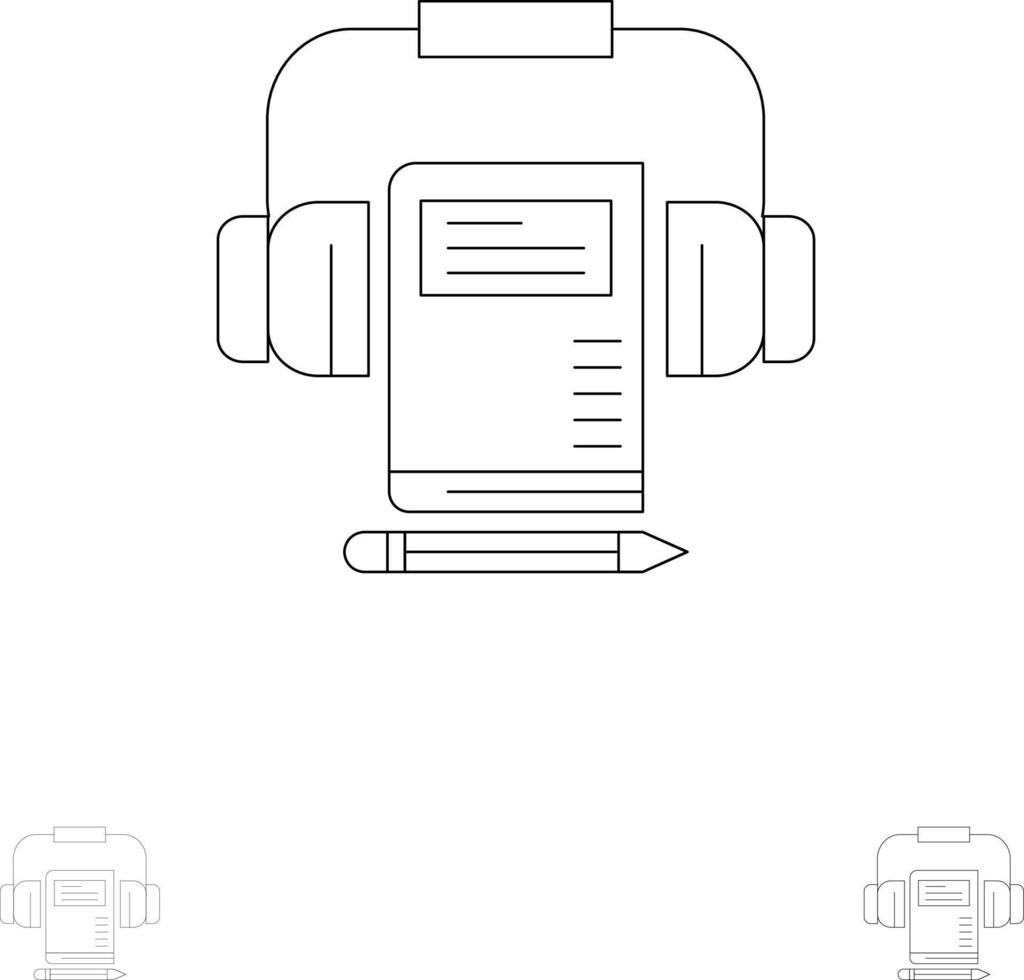 musica Audio cuffie libro grassetto e magro nero linea icona impostato vettore