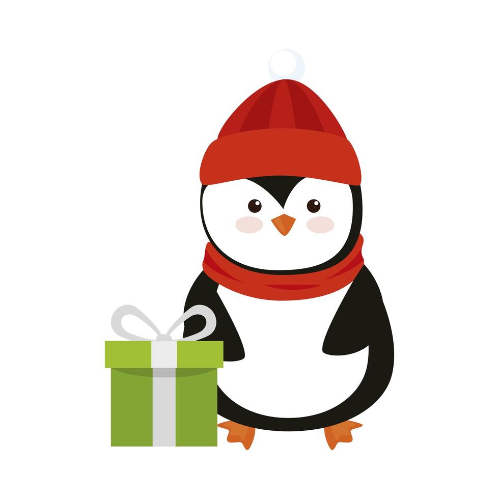 buon natale simpatico pinguino con confezione regalo vettore