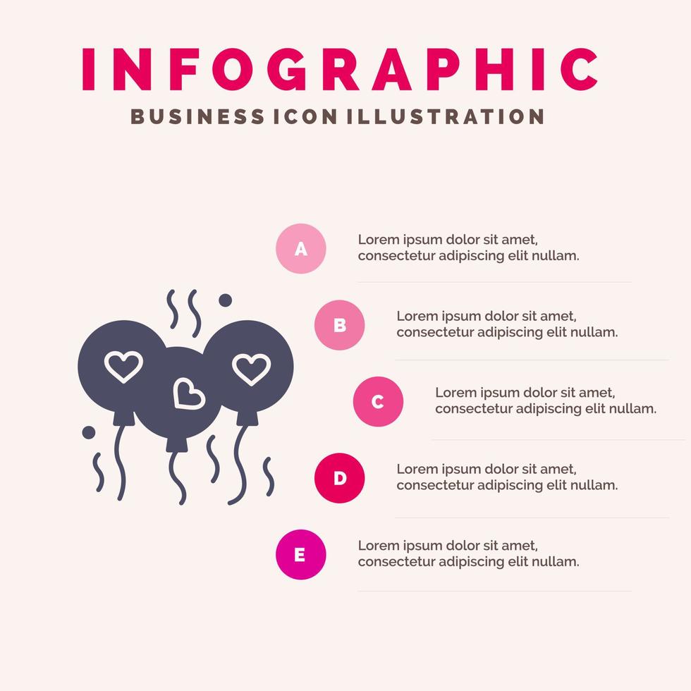 Palloncino amore cuore nozze solido icona infografica 5 passaggi presentazione sfondo vettore