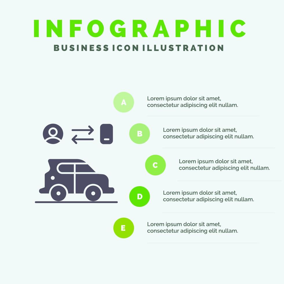 auto trasporto uomo tecnologia solido icona infografica 5 passaggi presentazione sfondo vettore