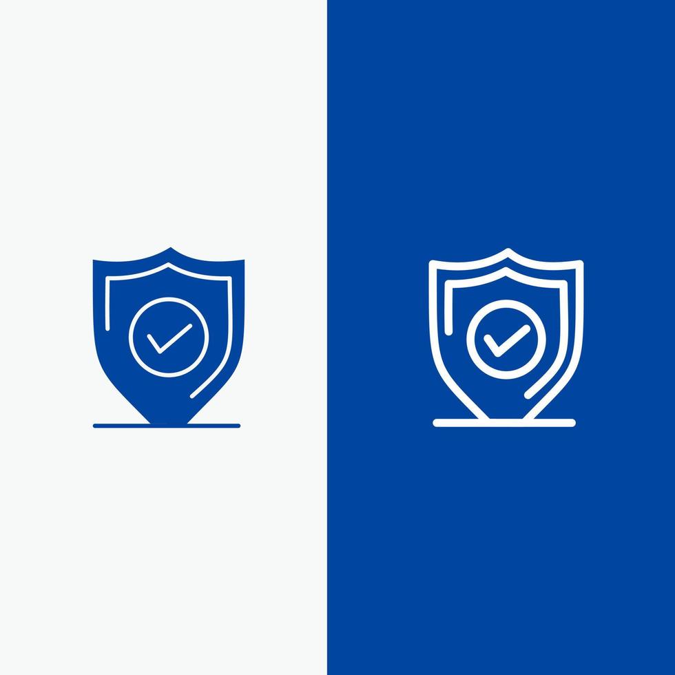 Confermare protezione sicurezza sicuro linea e glifo solido icona blu bandiera linea e glifo solido icona blu bandiera vettore