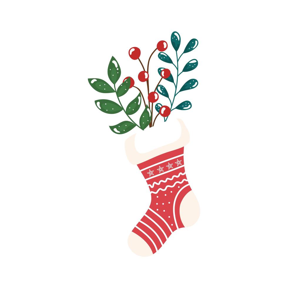 calzino decorativo natalizio con rami e foglie vettore