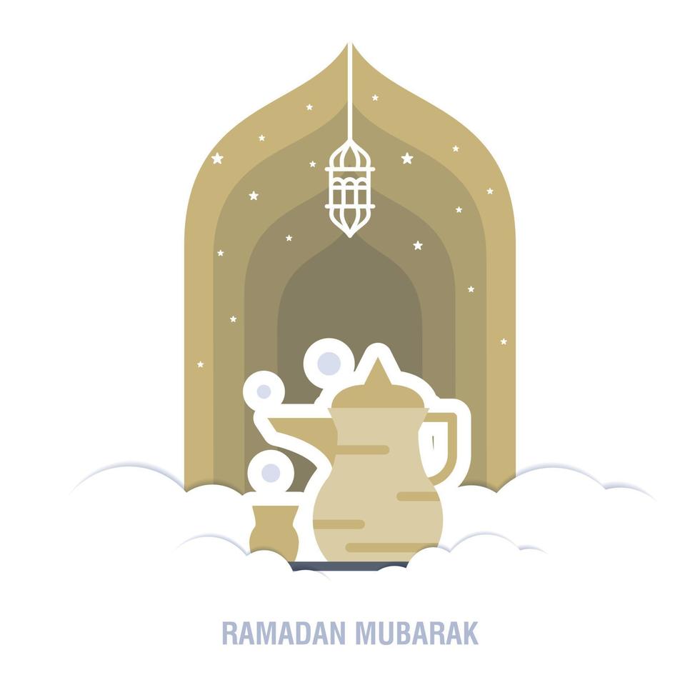 ramadan kareem design islamico luna crescente e silhouette a cupola della moschea con motivo arabo e calligrafia vettore