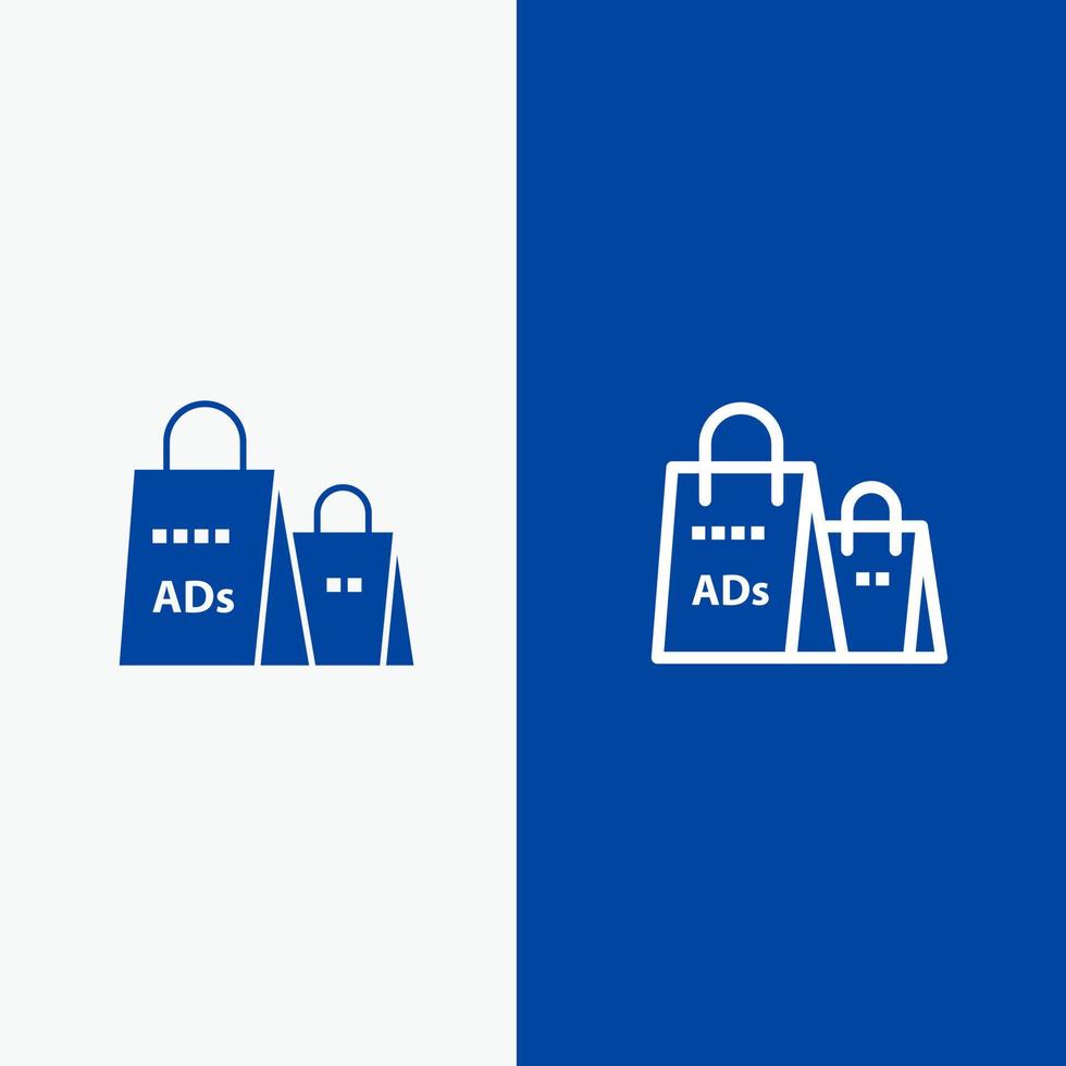 pubblicità Borsa borsa shopping anno Domini shopping linea e glifo solido icona blu bandiera linea e glifo solido icona blu bandiera vettore