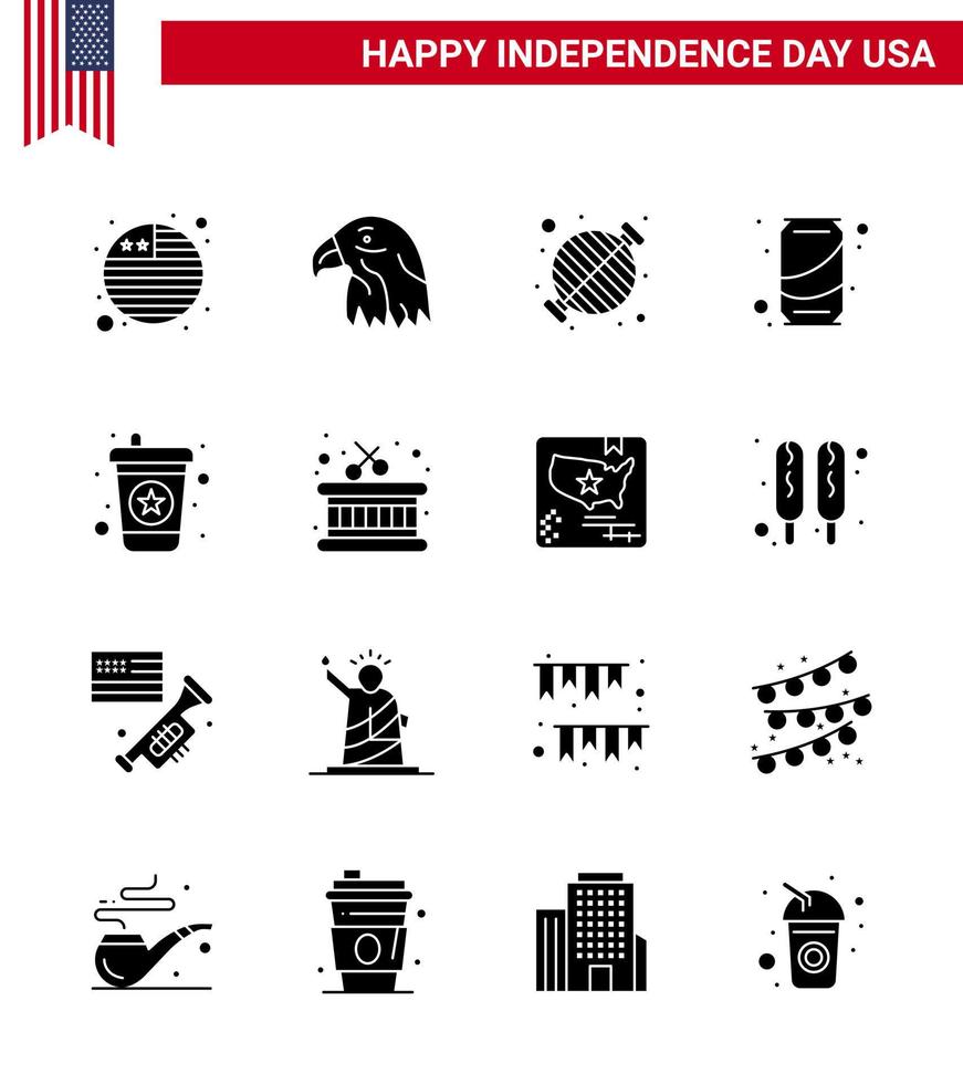 Stati Uniti d'America contento indipendenza pictogram impostato di 16 semplice solido glifi di bevanda Coca Cola barbecue bibita birra modificabile Stati Uniti d'America giorno vettore design elementi