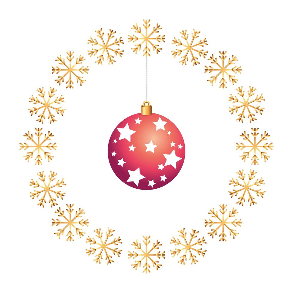 palla di Natale con le stelle nella cornice circolare dei fiocchi di neve vettore