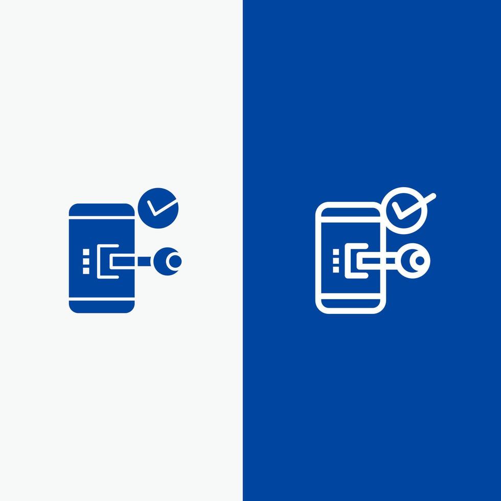 chiave serratura mobile Aperto Telefono sicurezza linea e glifo solido icona blu bandiera linea e glifo solido icona blu bandiera vettore