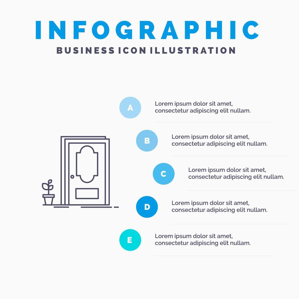 porta chiuso legna pianta linea icona con 5 passaggi presentazione infografica sfondo vettore