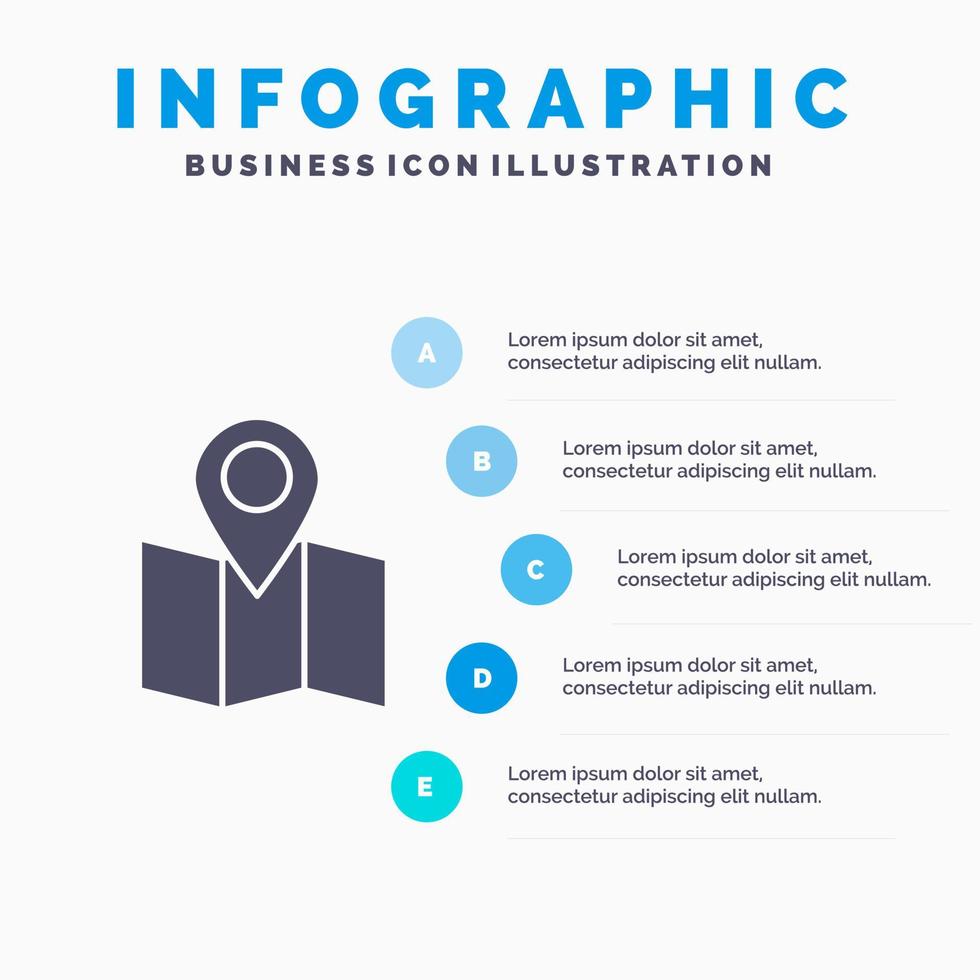 Posizione carta geografica pointer solido icona infografica 5 passaggi presentazione sfondo vettore