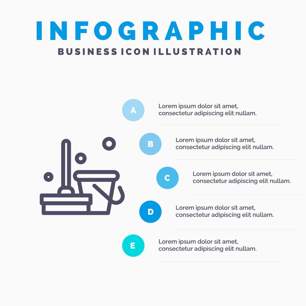 scopa pulito pulizia spazzare linea icona con 5 passaggi presentazione infografica sfondo vettore