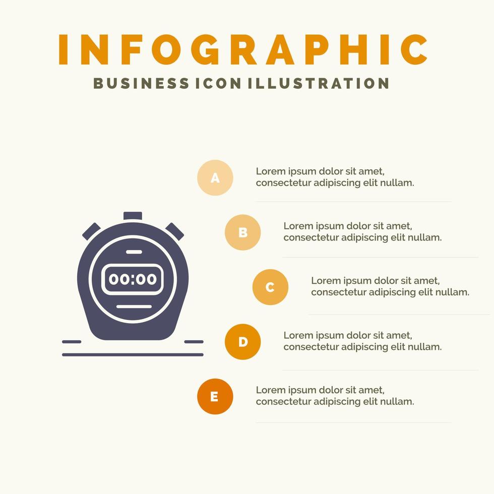 Timer cronometro orologio solido icona infografica 5 passaggi presentazione sfondo vettore