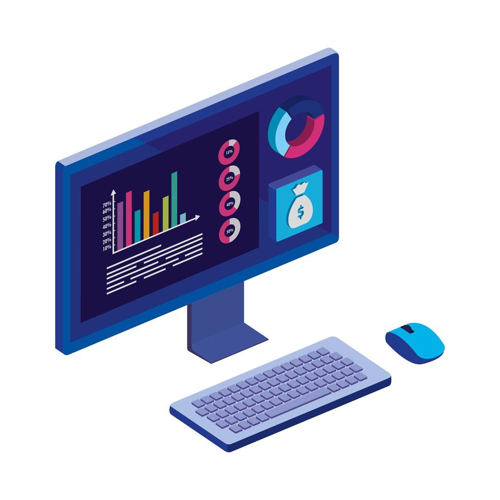 desktop del computer con statistiche e app menu vettore