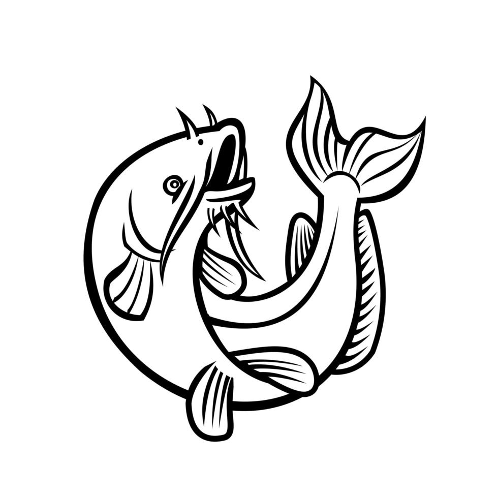 pesce gatto blu ictalurus furcatus saltando cartone animato in bianco e nero vettore