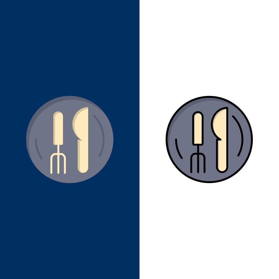 Hotel servizio coltello piatto icone piatto e linea pieno icona impostato vettore blu sfondo