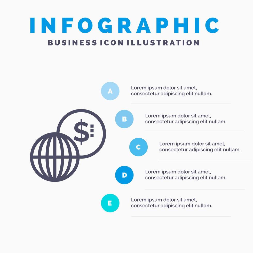 attività commerciale globale mercati moderno linea icona con 5 passaggi presentazione infografica sfondo vettore