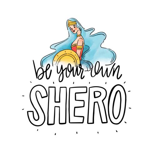 Lettering about Women's Day With Super Hero Donna con lunghi capelli blu vettore