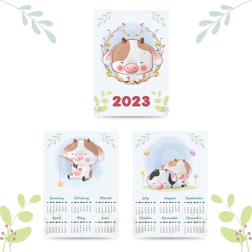 calendario 2023 con carino animali illustrazione acquerello stile vettore