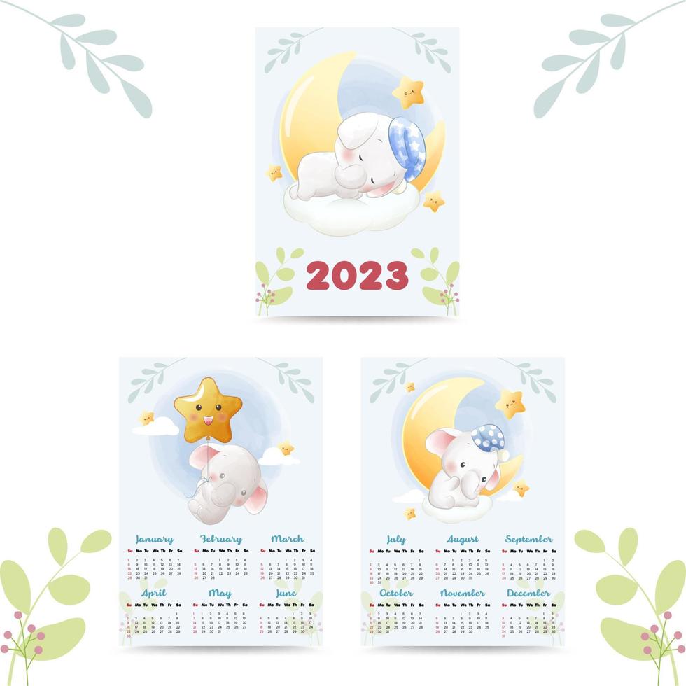 calendario 2023 con carino animali illustrazione acquerello stile vettore