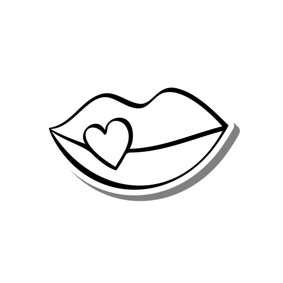 scarabocchio linea labbro con cuore su bianca silhouette e grigio ombra. vettore illustrazione per decorazione o qualunque design.