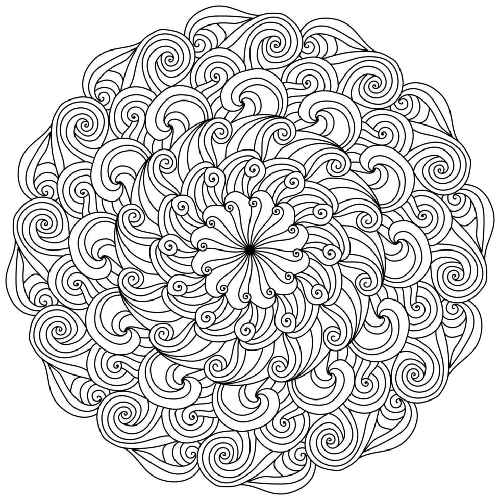 meditativo mandala nel il forma di un' simmetrico fiore, colorazione pagina con spirale riccioli vettore