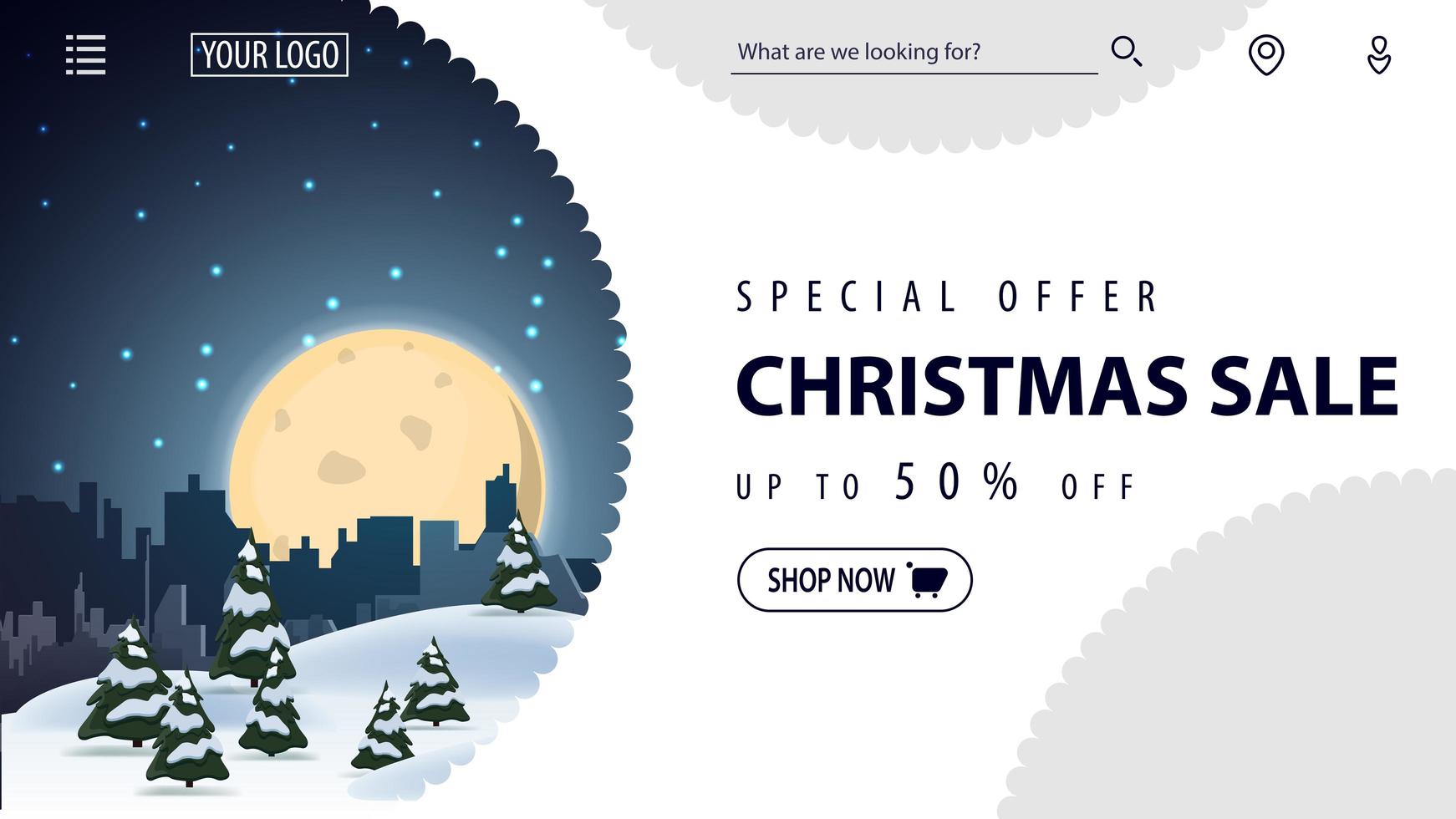 offerta speciale, saldi natalizi, fino a 50 di sconto, bellissimo banner sconto bianco per sito Web in stile bianco minimalista con paesaggio invernale sullo sfondo vettore