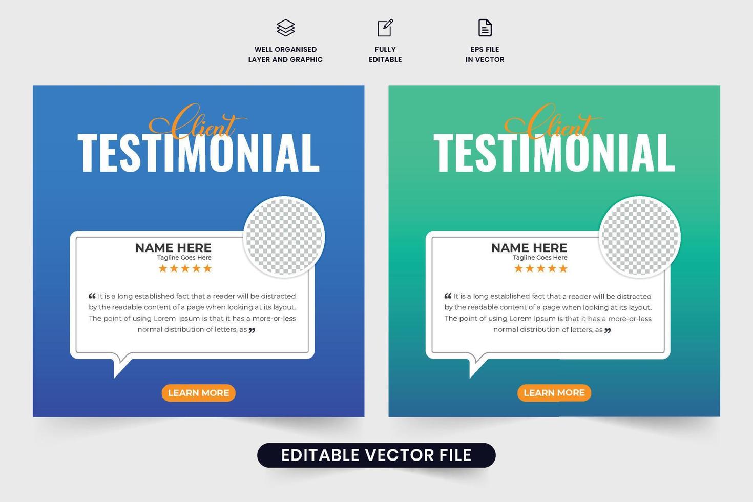 cliente servizio risposta e cliente testimoniale modello design con blu e verde colori. moderno attività commerciale promozione e cliente risposta disposizione vettore. cliente citazione disposizione con foto segnaposto. vettore