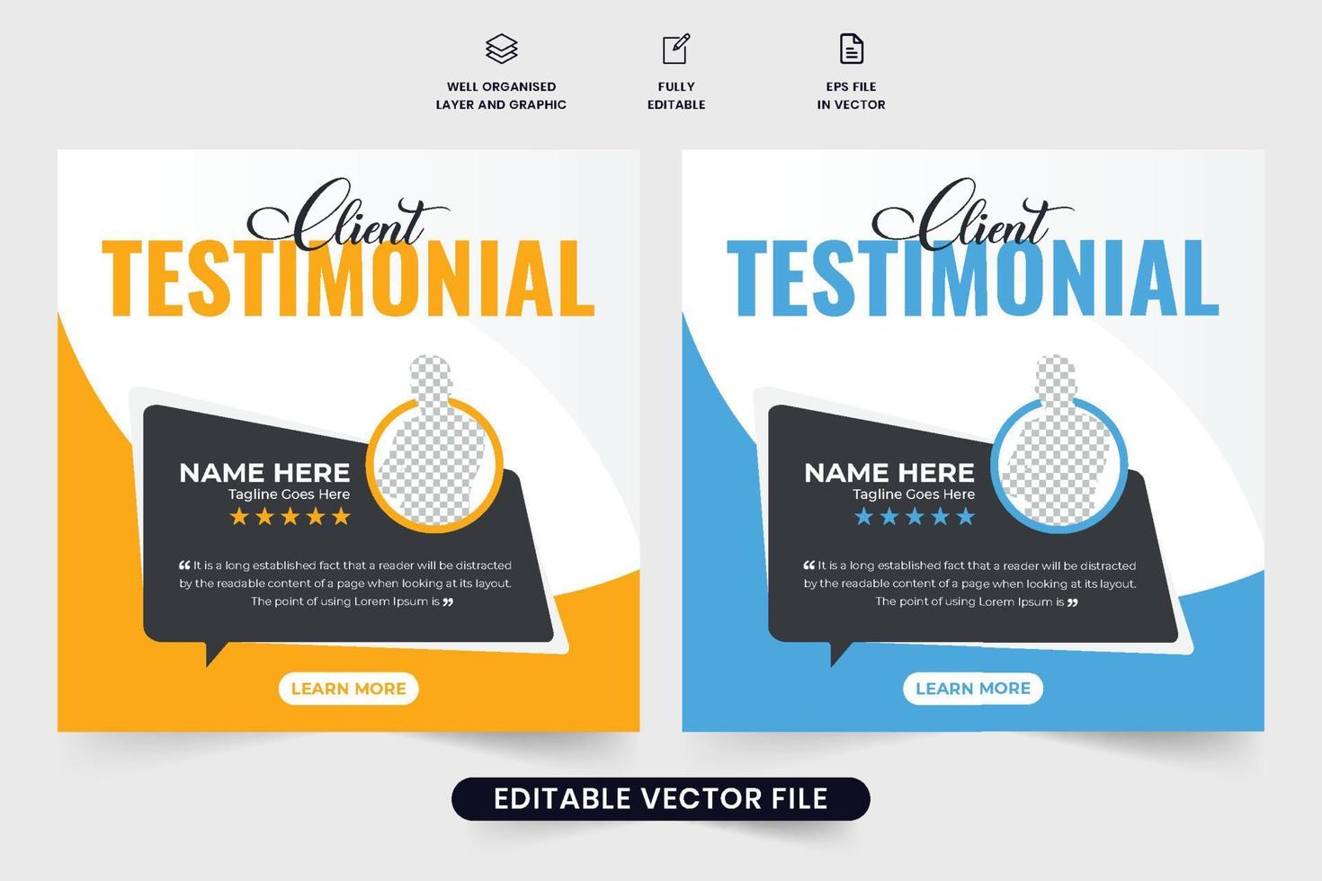 cliente testimoniale e revisione modello vettore con giallo e blu colori. moderno attività commerciale promozione e cliente revisione disposizione design per marketing. cliente risposta modello con foto segnaposto.