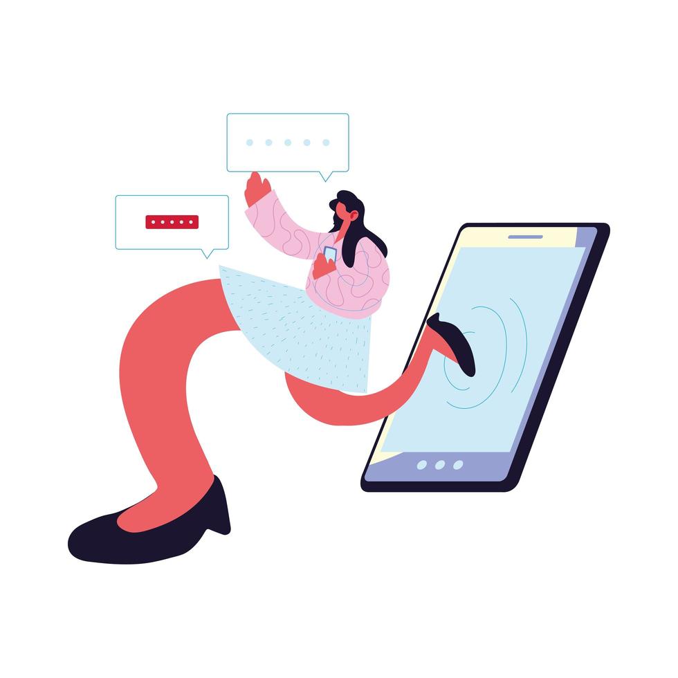 cartone animato donna con smartphone e disegno vettoriale bolle
