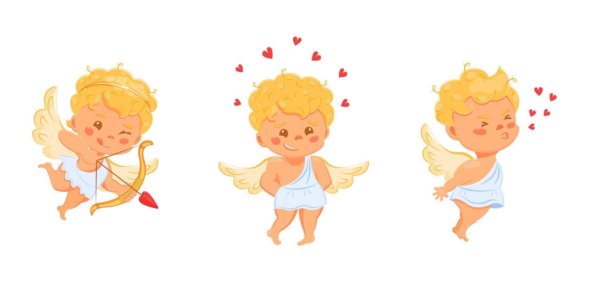 Cupido carino con cuori e un freccia. timido angelo baci. San Valentino S giorno personaggi per design. vettore