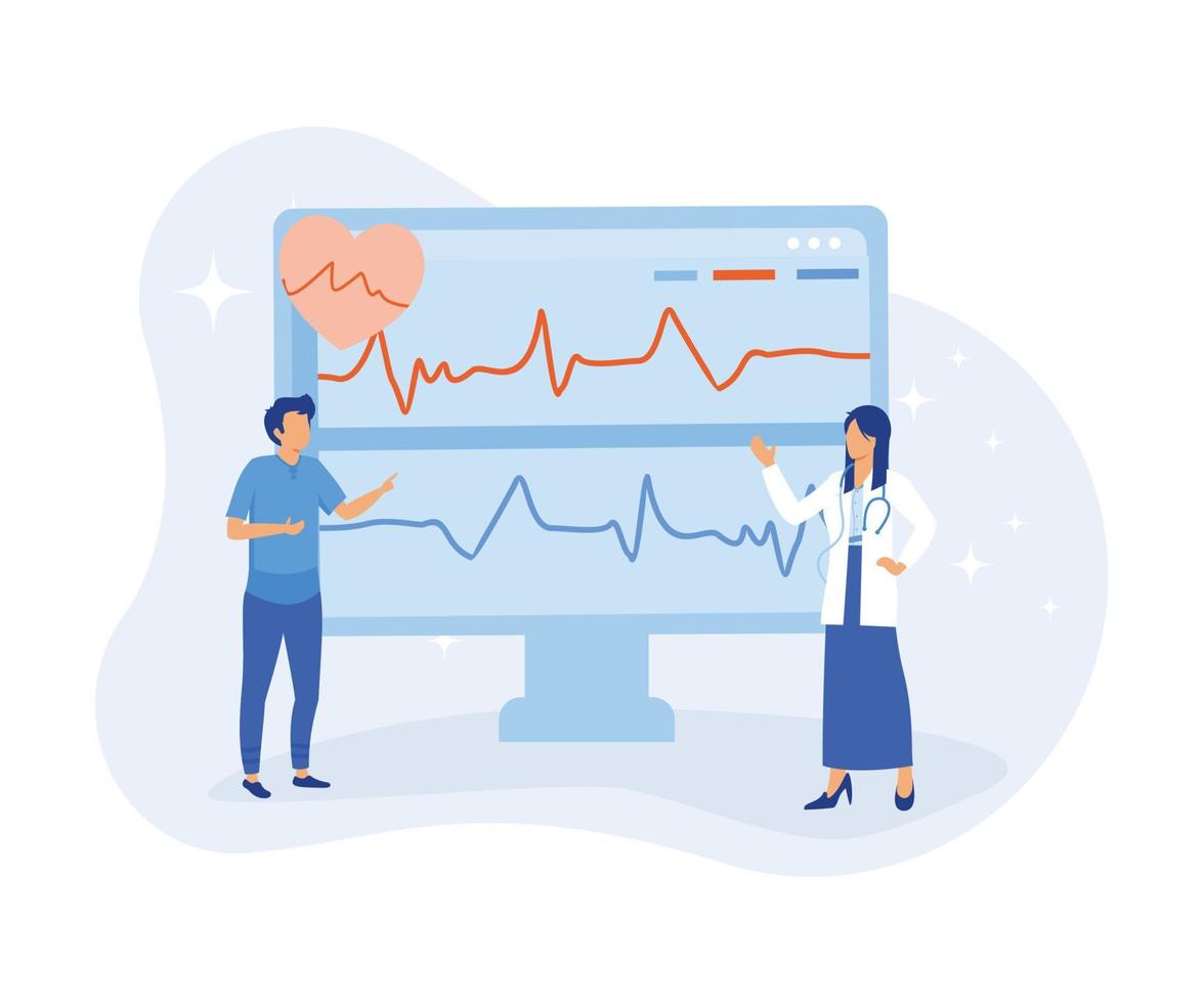 cuore malattia selezione e diagnostico illustrazione. medico controlli sangue pressione e esaminare cardiogramma e pulse su ekg tenere sotto controllo. assistenza sanitaria e medicina concetto. piatto vettore illustrazione