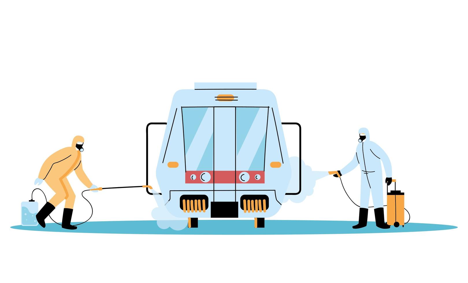 uomini che indossano tute protettive e disinfettano contro il covid 19 vettore