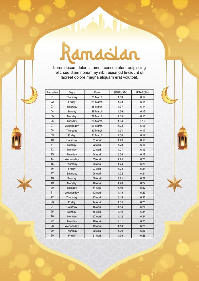 Ramadan kareem islamico calendario modello e Sehri ifter tempo programma bangladesh Data e tempo vettore